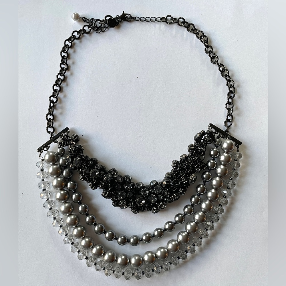 Tonal pearls & rhinestone necklace with beads, chains Statement Smoke tones